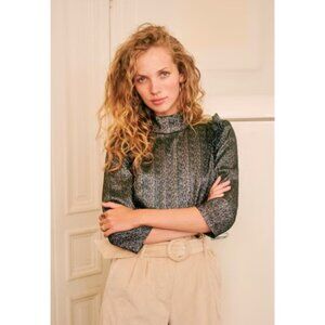 NWT Sezane Metallic Jackie Blouse Black Gold